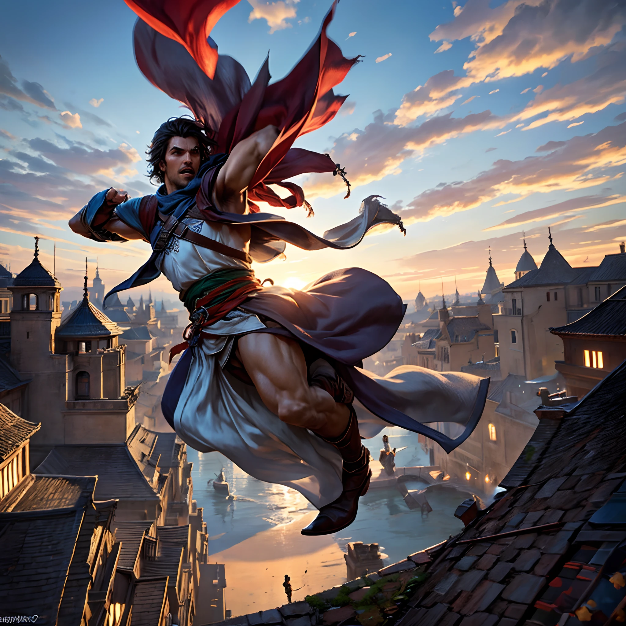 Create an epic scene of Ezio Auditore gracefully leaping across the rooftops of a Renaissance city at sunset, with his iconic white assassin robes billowing in the wind. Surround him with a group of armed guards, their weapons drawn, as he effortlessly wields his hidden blades and engages in a breathtaking display of acrobatics and combat prowess. The scene should capture the intensity and agility of Ezio as he defends himself against overwhelming odds, showcasing his determination and unmatched skill.