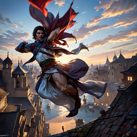 Create an epic scene of Ezio Auditore gracefully leaping across the rooftops of a Renaissance city at sunset, with his iconic wh...