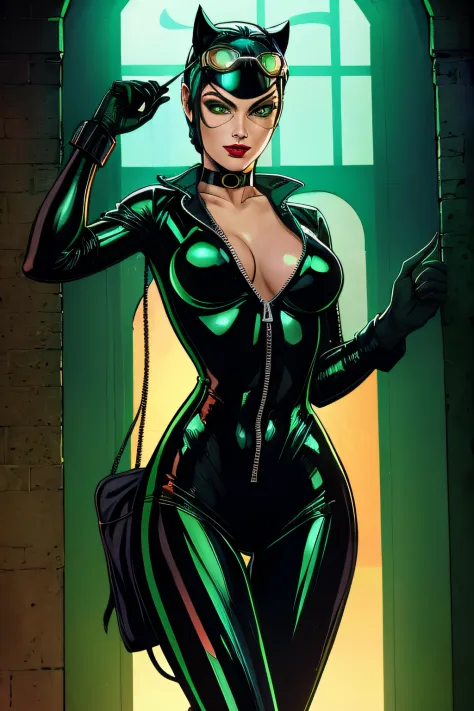 masterpiece,best quality,highres,realistic,1girl,full body,catwoman,bodysuit,goggles on head,gloves,choker,unzipped,green eyes,