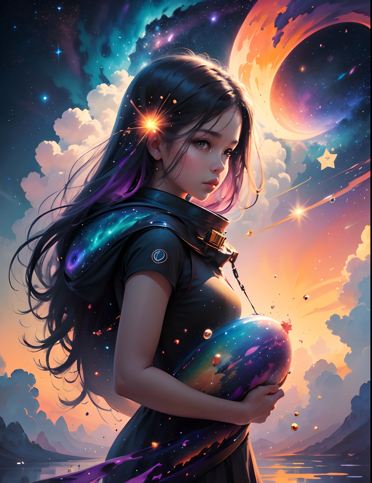 Girl standing in the clouds, stars floating around her, brilliant colors, amazing swirls of cosmic dust, colorful vibrant, light particles, water color painting, splash art,