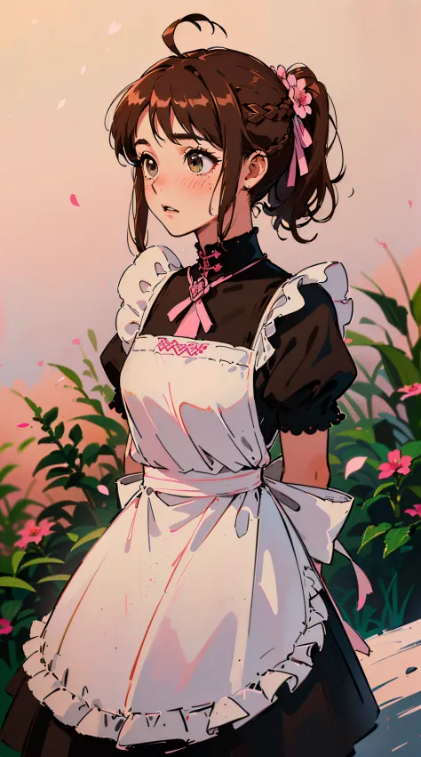 (((((((arms behind back,Blushing,cute cheeks,brown hair，gothic maid apron with flower))))))，((1girl,Solo,under-aged,11years old,short,Amazing,Cute Korean mixed-race girl，rosto magro,))(Masterpiece,Best quality, offcial art, Beautiful and aesthetic:1.2),((H...