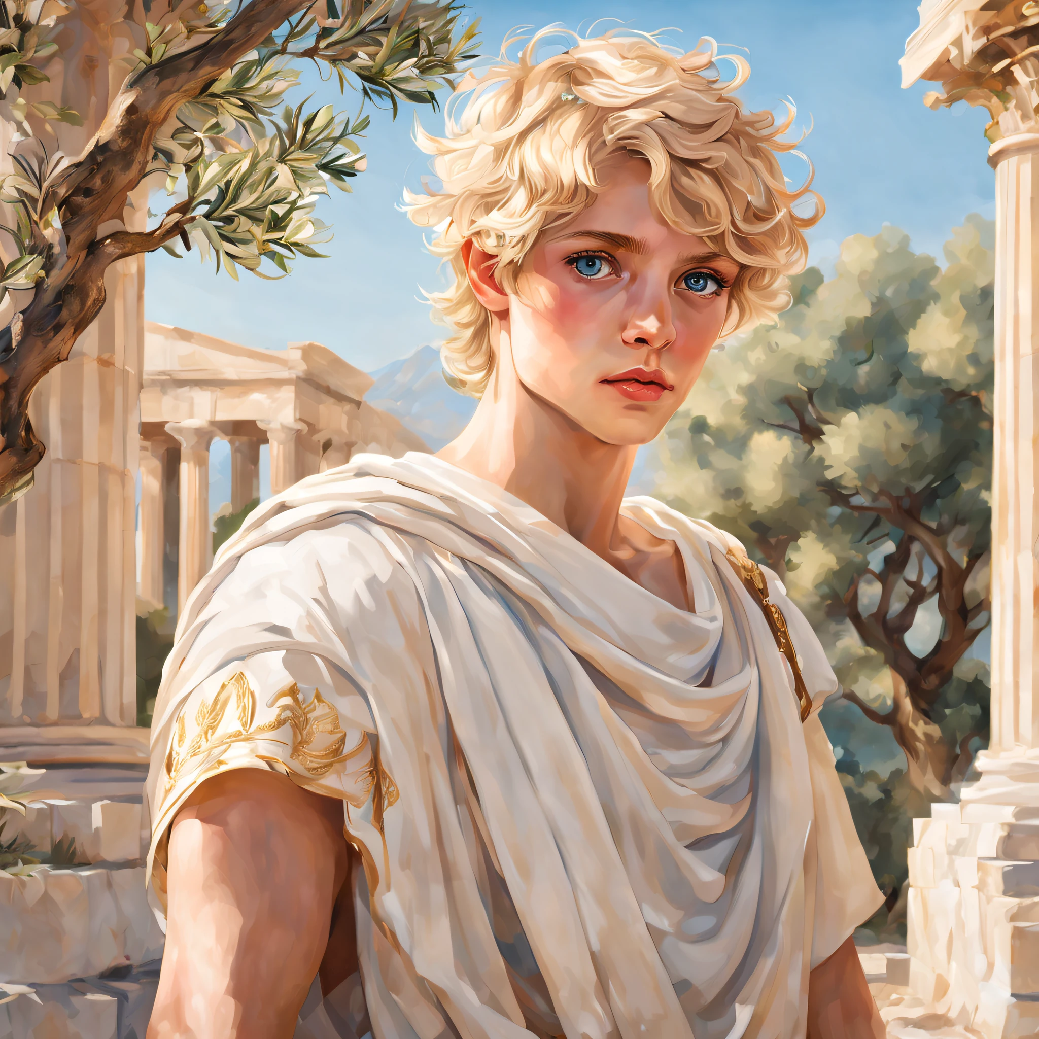 greek,blonde hair,boy,blue eyes,beautiful detailed eyes,beautiful detailed lips,white toga,ancient greece,olive trees,marble columns,historical setting,bright sunlight,best quality,ultra-detailed,realistic,vivid colors,portraits,colorful,soft lighting