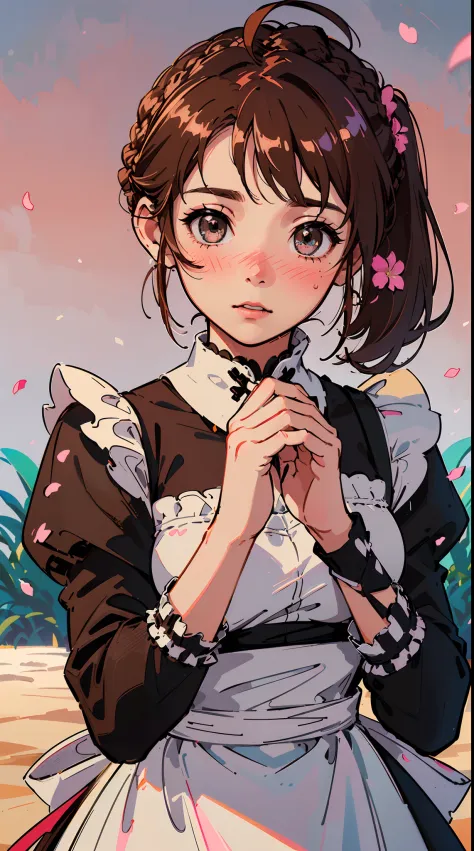 (((((((Blushing,cute cheeks,brown hair，gothic maid apron with flower))))))，((1girl,Solo,Amazing,Cute Korean mixed-race girl，rosto magro,))(Masterpiece,Best quality, offcial art, Beautiful and aesthetic:1.2),((HD,Golden ratio,)) (16k),((sakura petals,snow p...