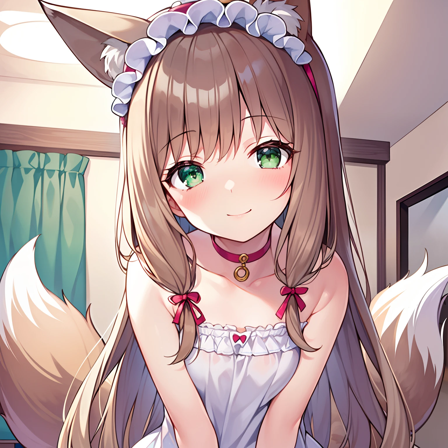 Masterpiece, Best quality, high resolution, 1girll, Solo, Oversized fox tail，(Long brown hair)，Green eyes，Small flower headdress, (9 years old_Cute loli)，Modern architecture，A MILF，At home，The girl pressed against me_Wake me up，ssmile，close-up from the front，