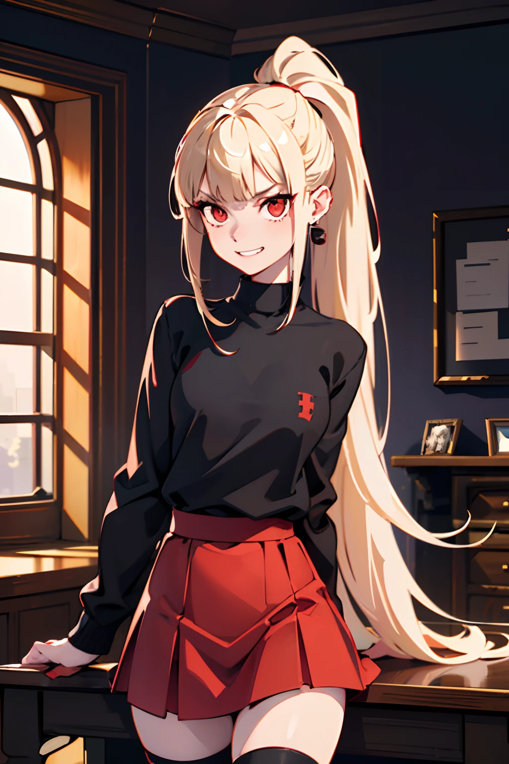 (best-quality:0.8), (best-quality:0.8), 1girl, very pale skin, sandy blonde hair, ponytail, bangs, black earrings, red nails, red eyes, red eye shadow, feminine, , , black school sweater, indoors, grinning, red skirt, yandere, fang teeth, psycopath, facing viewer, looking at viewer, threatening