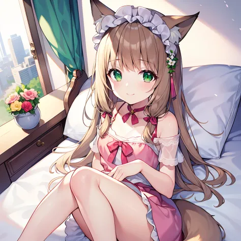 Masterpiece, Best quality, high resolution, 1girll, Solo, Oversized fox tail，(Long brown hair)，Green eyes，Small flower headdress, (9 years old_Cute loli)，Modern architecture，A MILF，At home，I'm sleeping in bed，The girl pressed against me_Wake me up，ssmile，