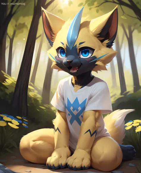 summer, sunlight, day
(forest, park), flower, grass, tree
full_body, zeraora, female, furry, (fluffy | slender body), ((white | blue t-shirt)), blue | soft pawpads, 3_toes
(sitting_on_ground), bright | blue pupils, closed smile, close_mouth, blush | detailed face, facing_viewer
(high_quality, best_quality:1.2), (detaile_background:1.3), (detailed_fur:1.3), (Highly_detailed:1.2), (absurd_res:1.1)
uploaded_on_e621, by_Pino_Daeni, by_Carlo_Galli_Bibiena, by_Bakemonoy, by_Raptoral, by_Ksaiden, by_Foxovh, (by_dagasi:1.3), by_youjomodok
ambient_light, reality_ray_tracing, solo, (front_view), chibi, [yellow | black body_fur]