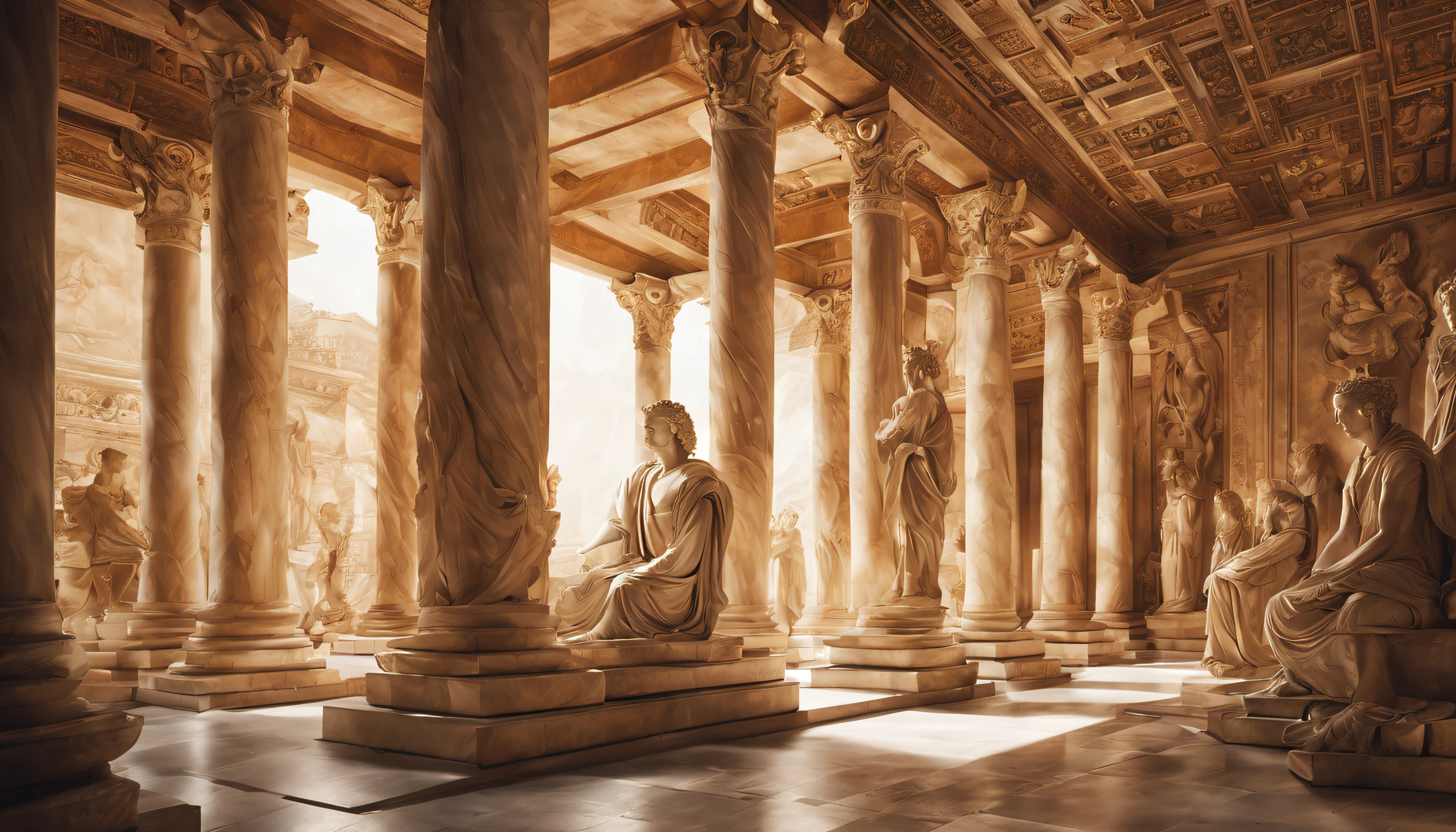 Visualize a high-resolution image of a stoic, serious, and serene being in a historical setting that represents strength and wisdom. The character is in an ancient temple with majestic columns and marble statues of gods. Behind them, there is an imposing library of ancient scrolls and books. The color palette should convey serenity, with shades of ivory and antique gold, highlighting the character's face with soft light that enhances the wise expression. The setting evokes ancient wisdom and accumulated knowledge over the centuries, Sculpture, marble, --ar 16:9 --v 5.