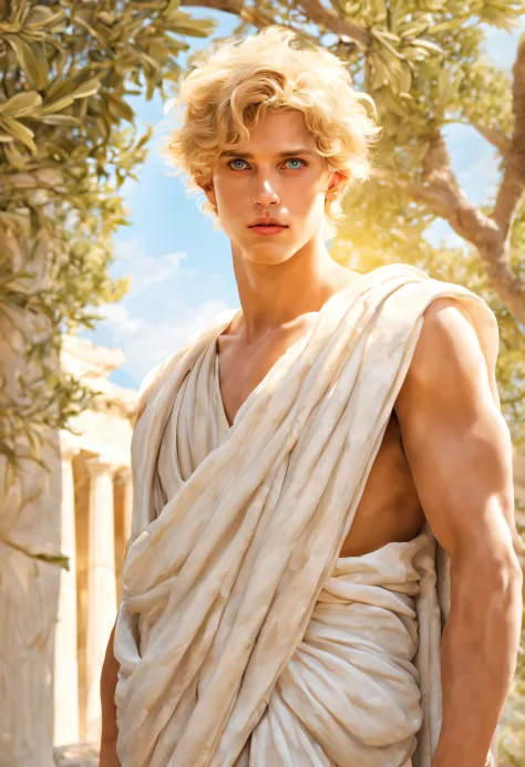 greek,blonde hair,boy,blue eyes,beautiful detailed eyes,beautiful detailed lips,white toga,ancient greece,olive trees,marble col...