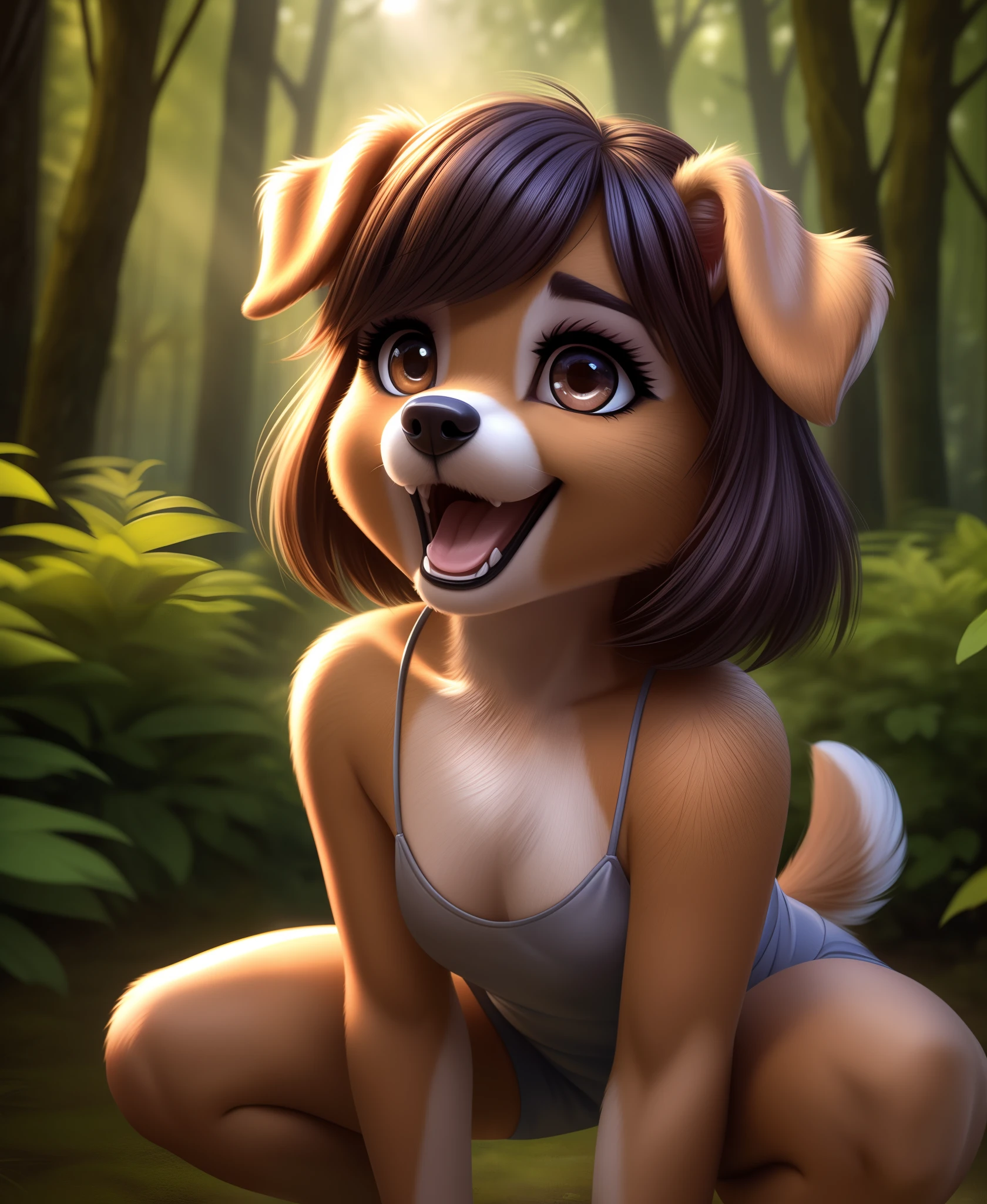 humanoid face, cute female anthro dog, (detailed silky dog fur:1.2), (dog fur), dog ears and nose, BREAK, solo, looking at viewer, outdoors, forest, early morning, blurry background, blurry foreground, BREAK, 1girl, charcoal colored hair, stacked bob hair, detailed humanoid glossy brown eyes, glitter eyeshadow, rounded eyebrows, cute ,, aesthetic, excessive laughter, eyes squinted, mouth wide, head thrown back, body shaking, full body, squatting, hands on hips, spread legs, BREAK, detail, lifelike textures, smooth textures, matte textures, glossy textures, edgQuality,