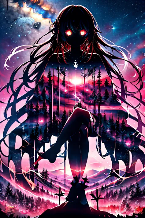 masterpiece, best quality, (silhouette:1.1), long hair, glowing eyes, forest, star (sky), pov, red background, (crossed legs:1.3...