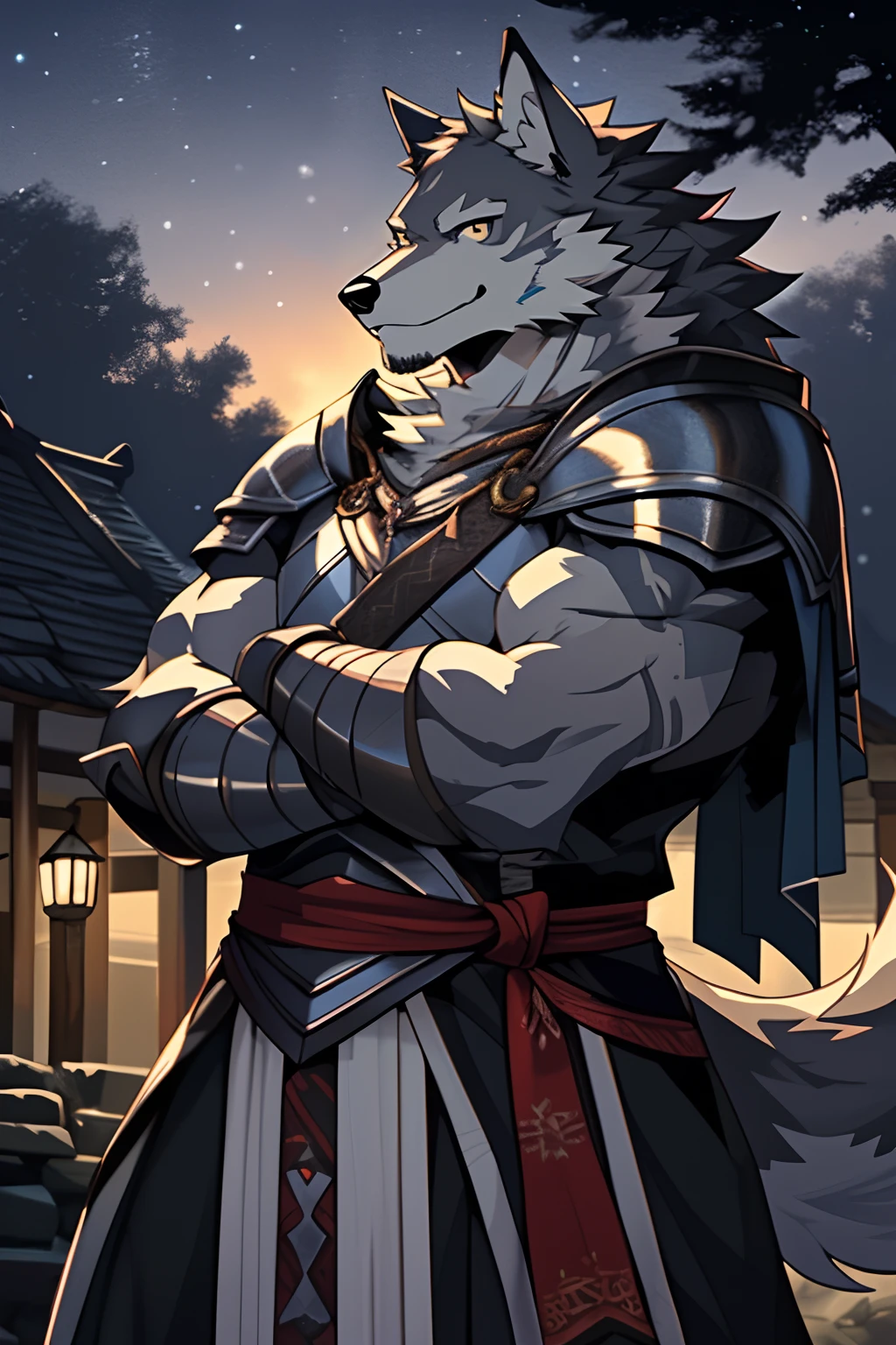 knight sword, (best quality), (masterpiece), (ultra detailed), sharp focus, niji, eyesgod, black eye, looking_at_viewer, standing with crossed arms, smile, furry, animal_wolf_ear, light-white fur, brown fur, black beard, upper body, anthro (wolf), male, (wolf), middle-aged, scar on face and hand, gray body, white belly, muscular, knight costume, village, ultra detailed face, low light, night, night vibes, tree