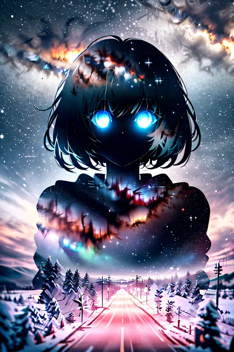 masterpiece, best quality, (silhouette:1.3), short hair, glowing eyes, beautiful eyes, star (sky), pov, snow,