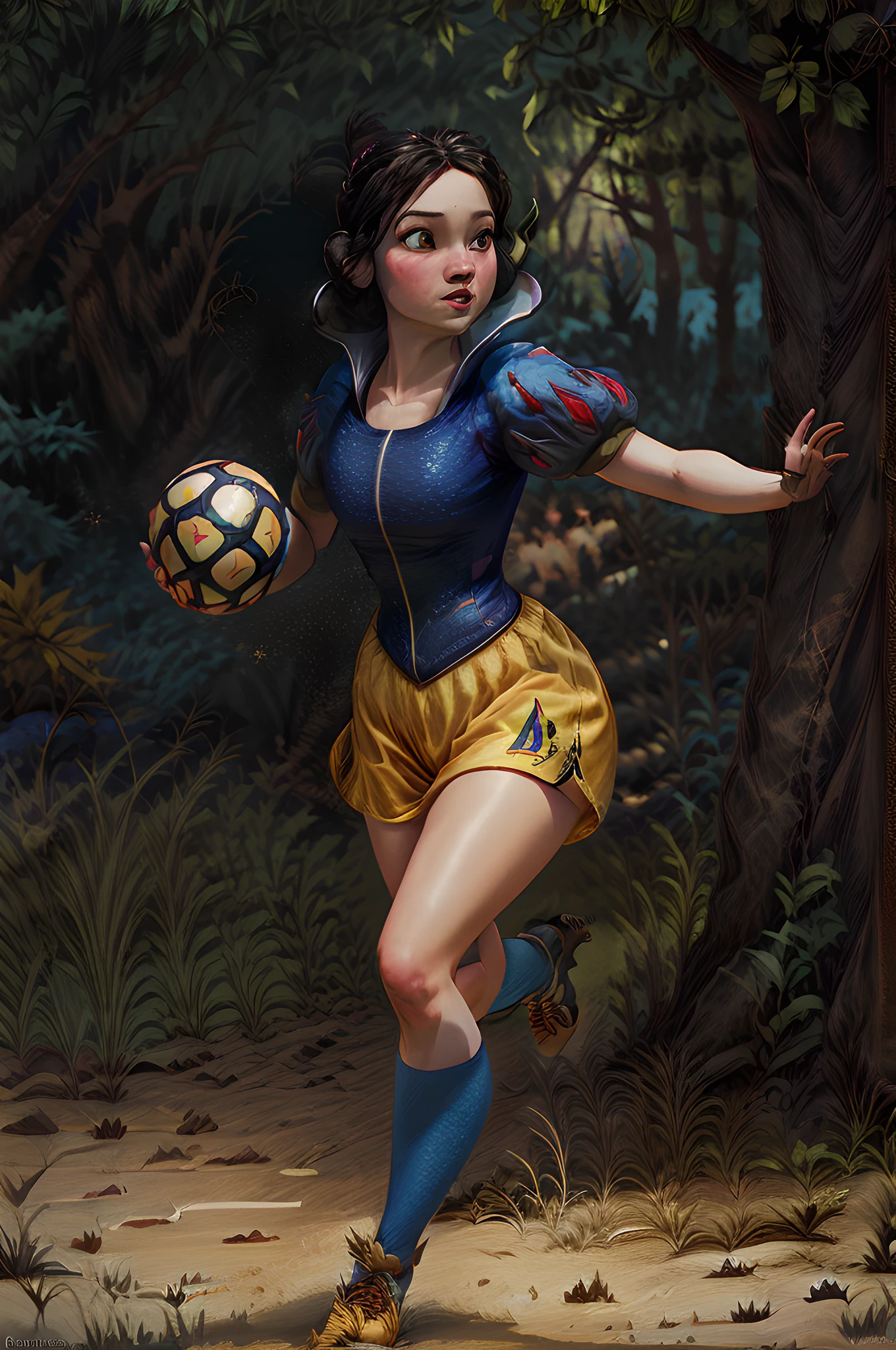 Arte RPG, arte de fantasia, uma Branca de Neve da Disney está jogando futebol, SnowPrincessw rhe usa uniforme azul e amarelo, Cabelo preto, cabelo em um coque, ela tem a bola e corre em direção ao gol, fundo de estádio de futebol moderno