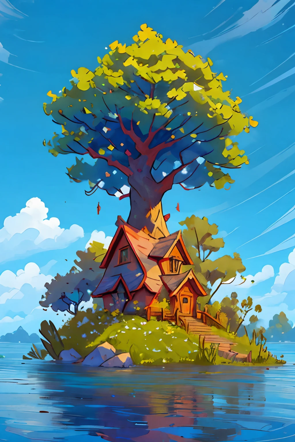 desenho de uma fazenda com uma casa pequena que fica de frente para um lindo lago, Árvores perto do lago, Uma colina ao fundo e um céu azul claro, desenho cartoon