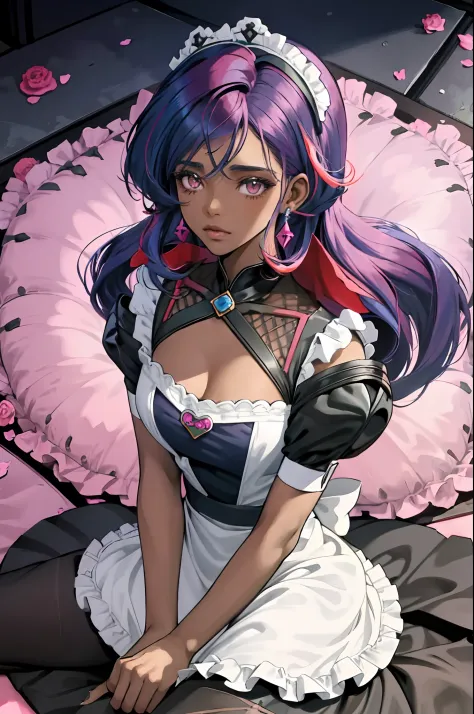 Garota nua, dark skin, cabelo multicolorido, cabelo de cor roxo, com mechas rosas e azul, maid