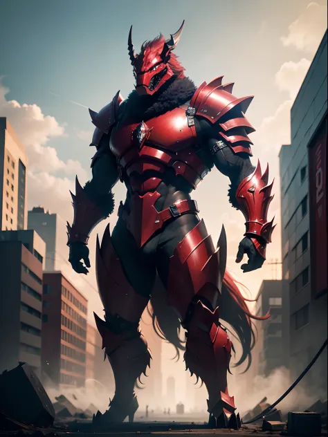 large red male behemoth creature with a mirrored helmet consisting of six "eyes" with a matching black steel collar. If one is to look closely, a glimpse of its mouth may be caught on some occasions. Most of his body is covered in large black armor pieces,...