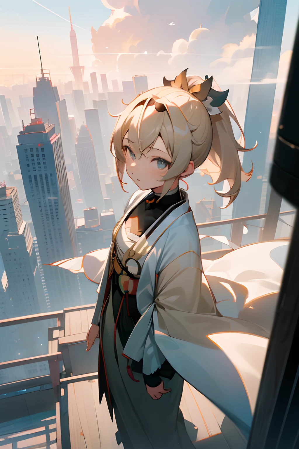 ((Kazama iroha)), ((Masterpiece)), (High Definition:1.3), (Professional Photography:1.2), (ponytail), (flat body), flat chest, (best quality), from above, 1girl, solo, (wind blows), billboard, silky long hair, building, city, cloudy sky, crane \(machine\), dutch angle, light frown, looking at viewer, outdoors, rooftop, sky, (skyscraper)