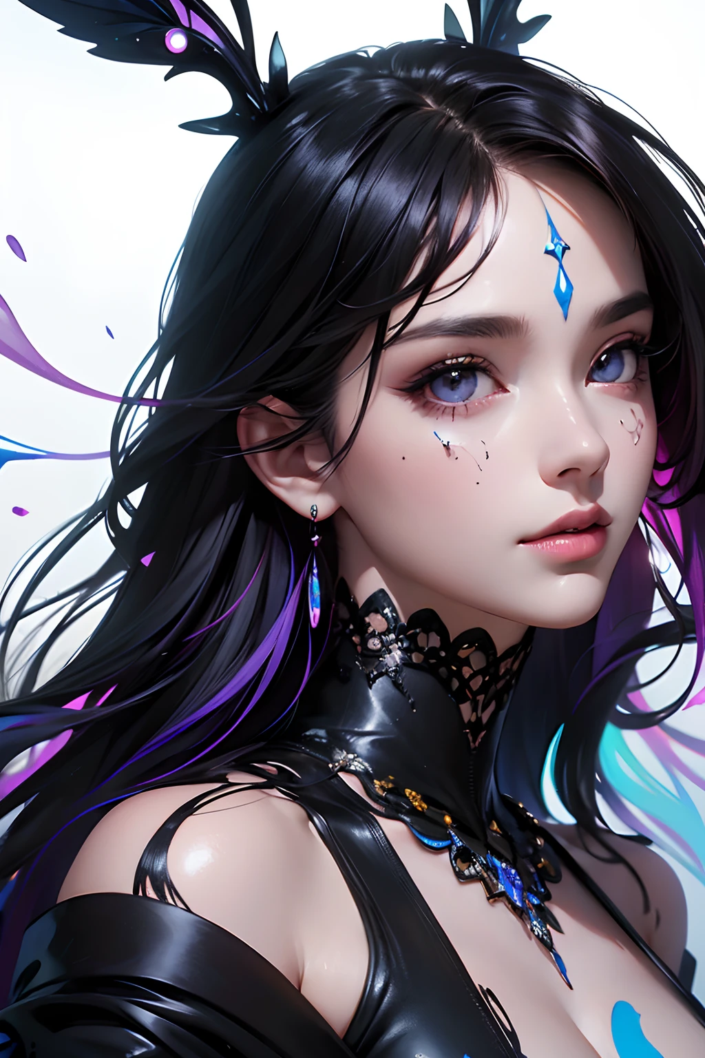 걸작, 최고의 품질, (매우 상세한 CG Unity 8k 벽지, 걸작, 최고의 품질, 매우 상세한, 최고의 그림자), (자세한 배경), (아름답고 상세한 얼굴, 아름답고 섬세한 눈), 고대비, (최고의 조명, 매우 섬세하고 아름다운),여자 1명,((투명한 배경에 화려한 페인트가 튀었다, 듀럭스,)), ((부식제)), 동적 각도,아름답고 섬세한 빛,전신, 얼굴에 페인트가 튀다.