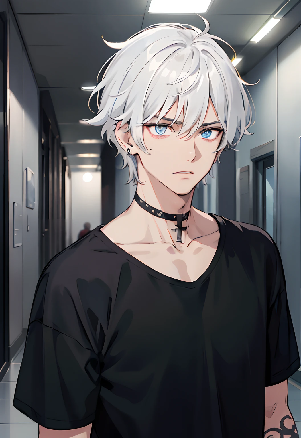 Anime guy with white hair and blue eyes in a hallway - SeaArt AI