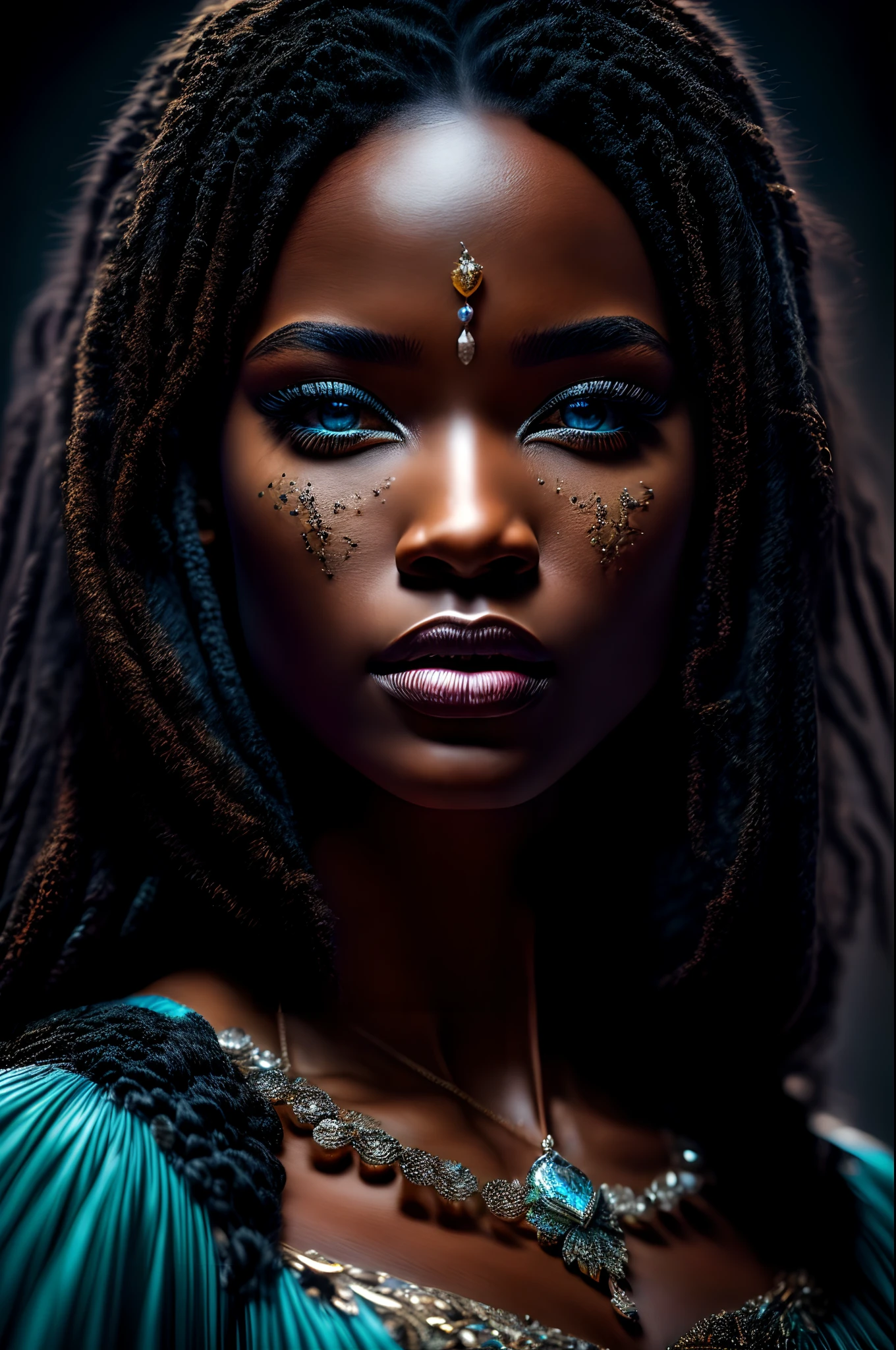 An eligant African-American woman wearing a princess dress with hazzel eyes and black hair in a high neck lined dress with a necklace filled with 100 diamonds, blue eyes, shallow depth of field, cinematic light, soft light (RAW, analogue, Nikon Z 14mm ultra-wide angle lens, award-winning photograph, ((best quality)), ((masterpiece)), ((realistic)), tessellation, ambient occlusion, ray-tracing, subsurface scattering, radiant light rays, high-res, detailed facial features, high detail, sharp focus, smooth, aesthetic, extremely detailed, (extremely detailed eyes, extremely detailed iris), octane render, photorealistic, realistic, post-processing, max detail, realistic shadows, roughness, natural skin texture, real life, ultra-realistic, photorealism, photography, 8k UHD, photography, hdr, intricate, highly detailed, sharp focus, stunning, 8k, intricate, highly detailed, majestic, digital photography, (masterpiece, sidelighting, finely detailed beautiful eyes: 1.2), HDR, wide angle camera, full portrait, full body, extremely detailed hair, extremely detailed skin, extremely detailed clothes, close up portrait, soft shadows