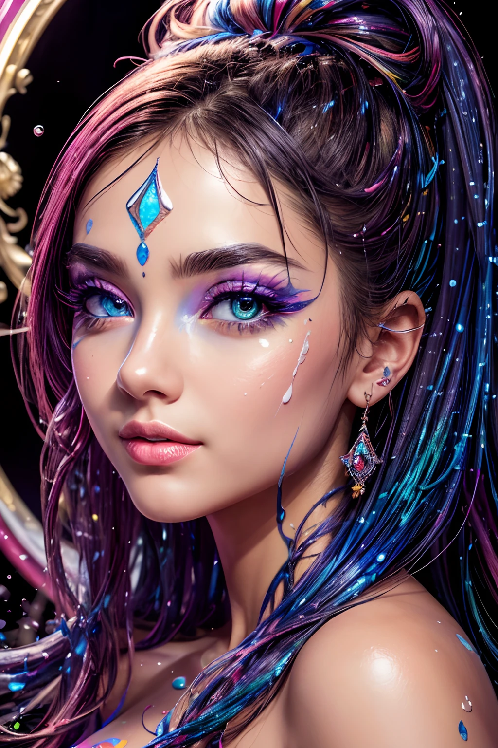 masterpiece, best quality, (extremely detailed CG unity 8k wallpaper, masterpiece, best quality, ultra-detailed, best shadow), (detailed background), (beautiful detailed face, beautiful detailed eyes), High contrast, (best illumination, an extremely delicate and beautiful),1girl,((colourful paint splashes on transparent background, dulux,)), ((caustic)), dynamic angle,beautiful detailed glow,full body, paint splash on face.