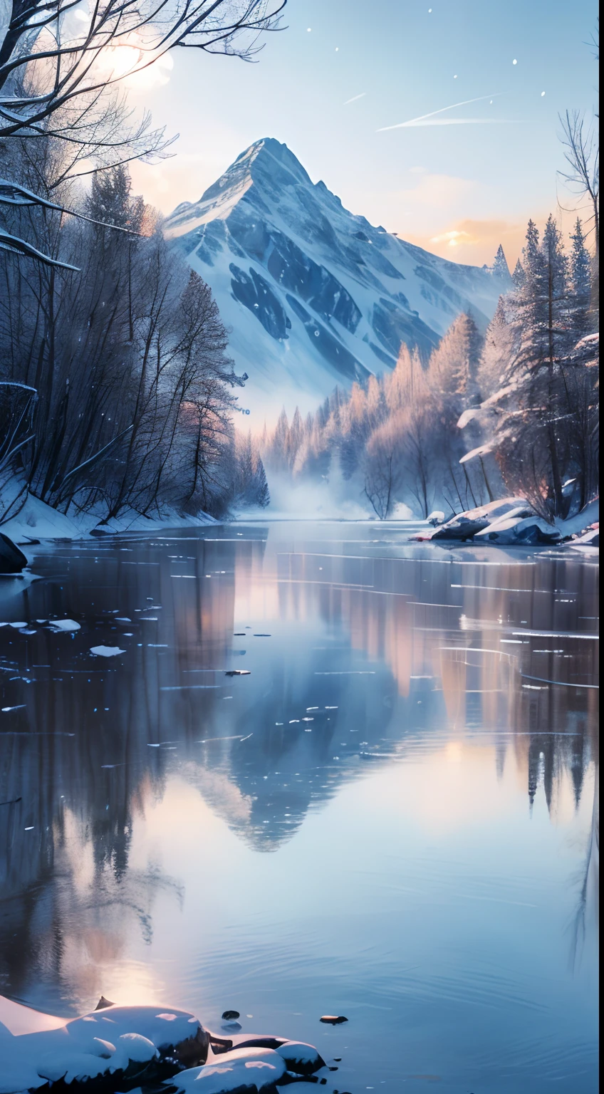 (beste Qualität,4K,8K,Eine hohe Auflösung,Meisterwerk:1.2),ultra-detailliert,(Realistisch,fotorealistisch,fotorealistisch:1.37),Kalter Morgen,gefrorene Landschaft,Winter wonderland,neblige Atmosphäre,magische Landschaft,bezaubernde Schönheit,Funkelndes Eis,surreale Kunst,Ätherischer Charme,Fantastisches Spektakel,Spektakuläre Aussichten,Glitzerndes Sonnenlicht,subtile Schatten,sanfte und gedeckte Farben,Dramatischer Himmel,mystische Aura,ferne Berge,Frostbedeckte Bäume,funkelnde Kristalle,ruhig und gelassen,frische Luft,friedliche Stille,ferner Horizont,Leises Flüstern,Faszinierendes Eisblumenmuster,durchscheinendes Eis,Zarte Zweige,Sorgfältige Details,Unendliche Ruhe,märchenhaft,atemberaubende Schönheit,ehrfurchtgebietend,lebendige Farbtöne,Extrem präzise,Strahlendes Haar,Erhabene Kunstwerke,Tolle Grafik,heimelige Atmosphäre,Herzerwärmend,exquisite Handwerkskunst,Gefrorene Welt,Versteckte Geheimnisse,Ein fesselndes Meisterwerk,Winterzauber,frozzen