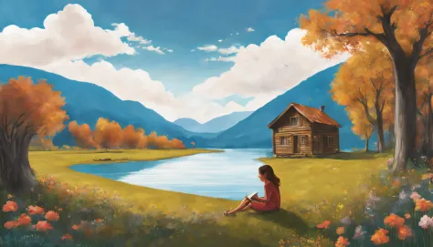 autumnal， grassy fields， Some small flowers， Clear lake water，There is a small cabin next to the lake，A young girl reads a book ...