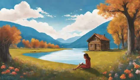 autumnal， grassy fields， some small flowers， clear lake water，there is a small cabin next to the lake，a young girl reads a book ...