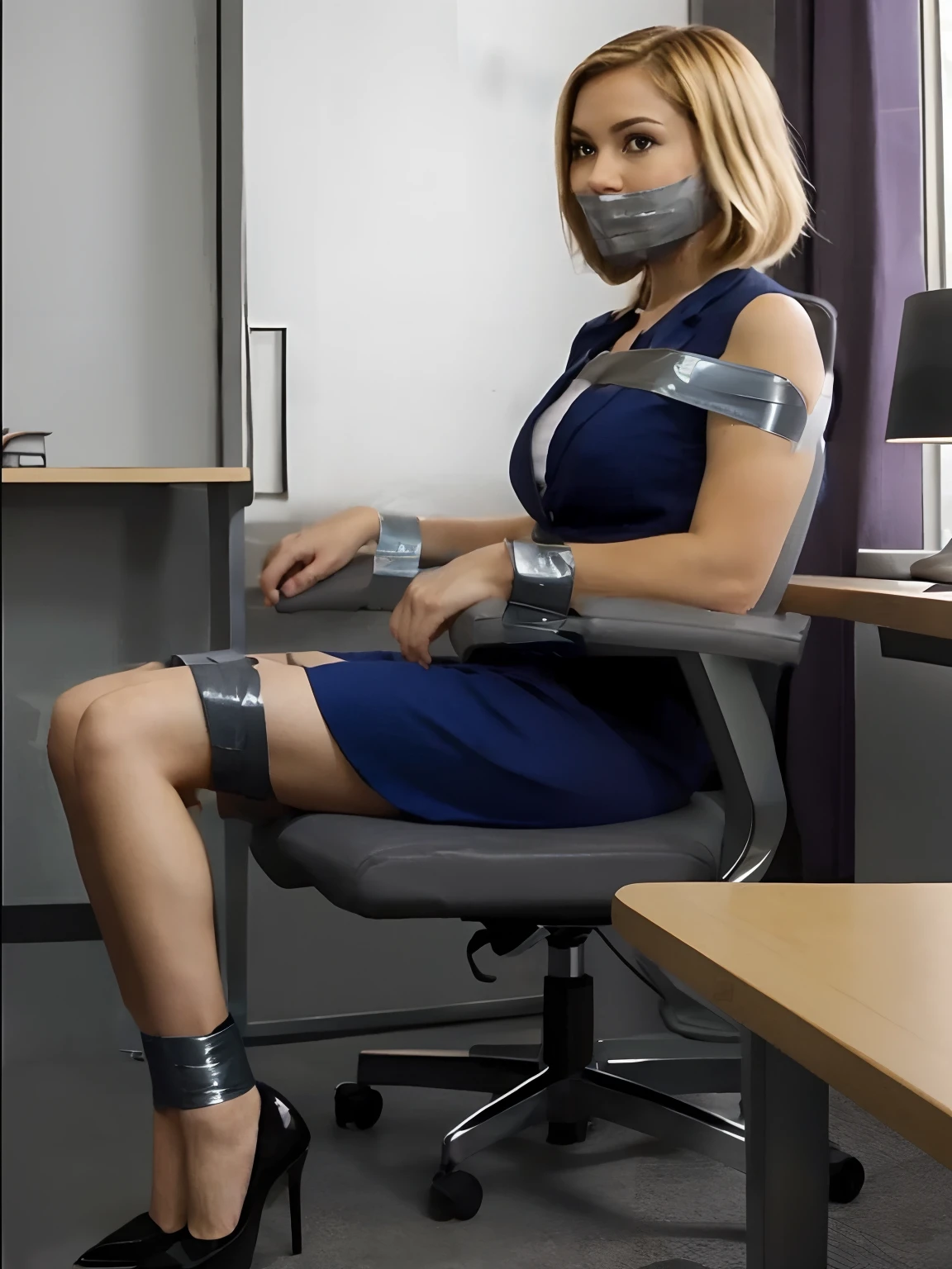 A woman in a blue dress is sitting in a chair with a ducted headband -  SeaArt AI