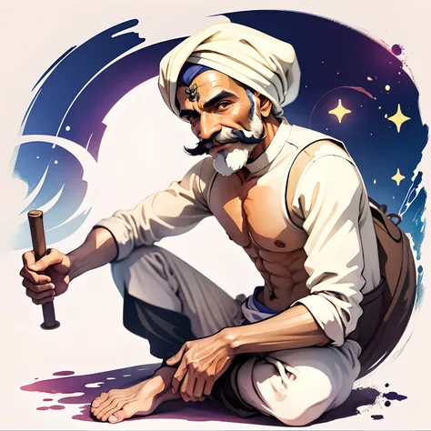 sticker. a very dynamic scene. a very cheerful indian fakir in a turban with a thin long mustache is sitting in the lotus positi...