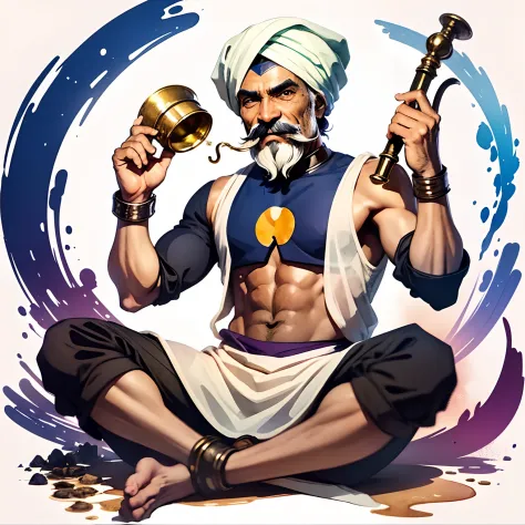 sticker. a very dynamic scene. a very cheerful indian fakir in a turban with a thin long mustache is sitting in the lotus positi...