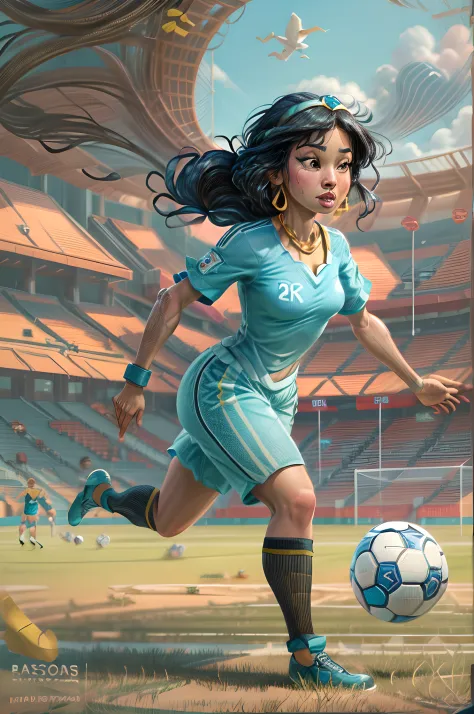 rpg art, fantasy art, a disney jasmine from aladin is playing soccer, jasminewaifu she wears light blue shirt a black uniform, s...