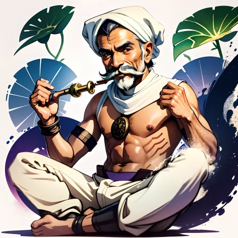 sticker. a very dynamic scene. a very cheerful indian fakir in a turban with a thin long mustache is sitting in the lotus positi...