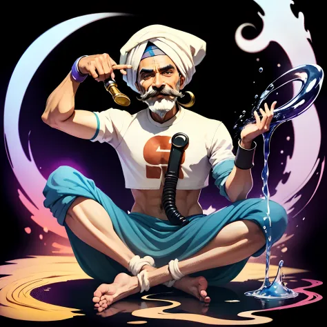 sticker. a very dynamic scene. a very cheerful indian fakir in a turban with a thin long mustache is sitting in the lotus positi...