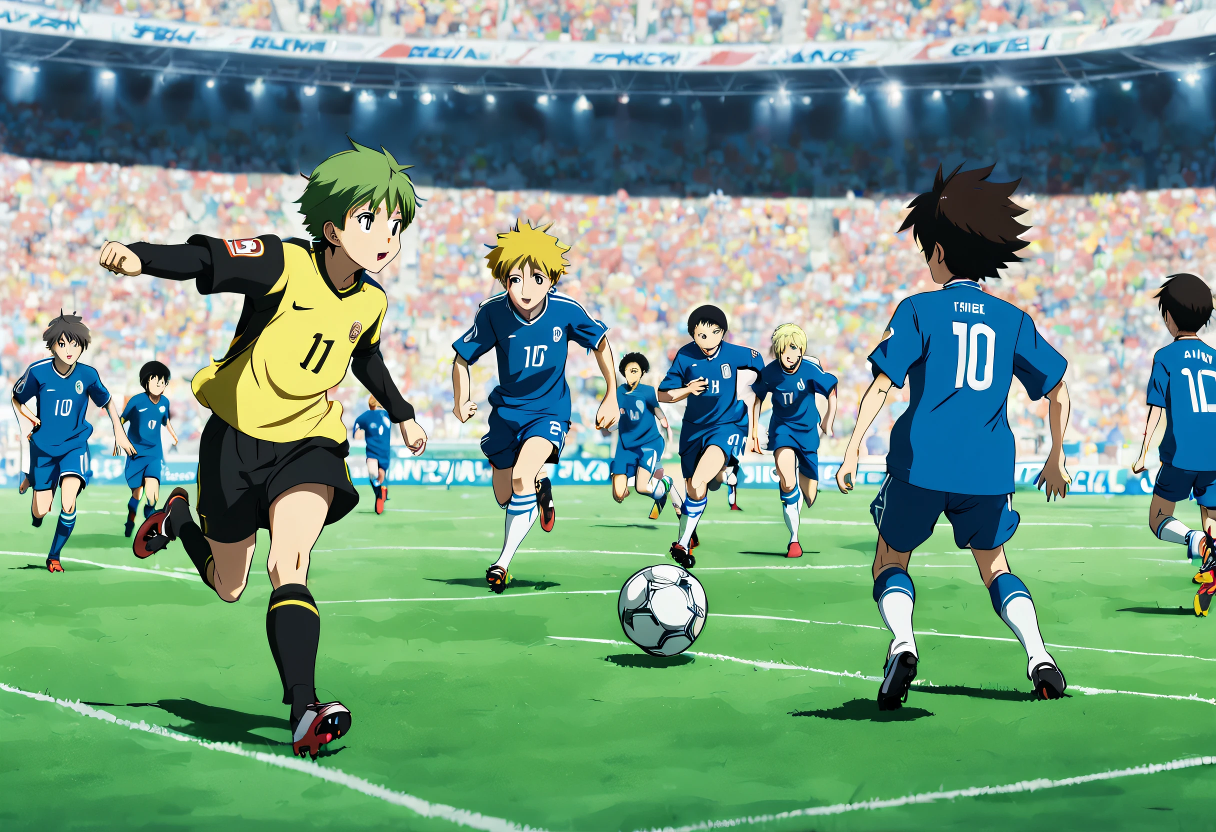 Anime characters playing soccer in a stadium with a crowd watching ...