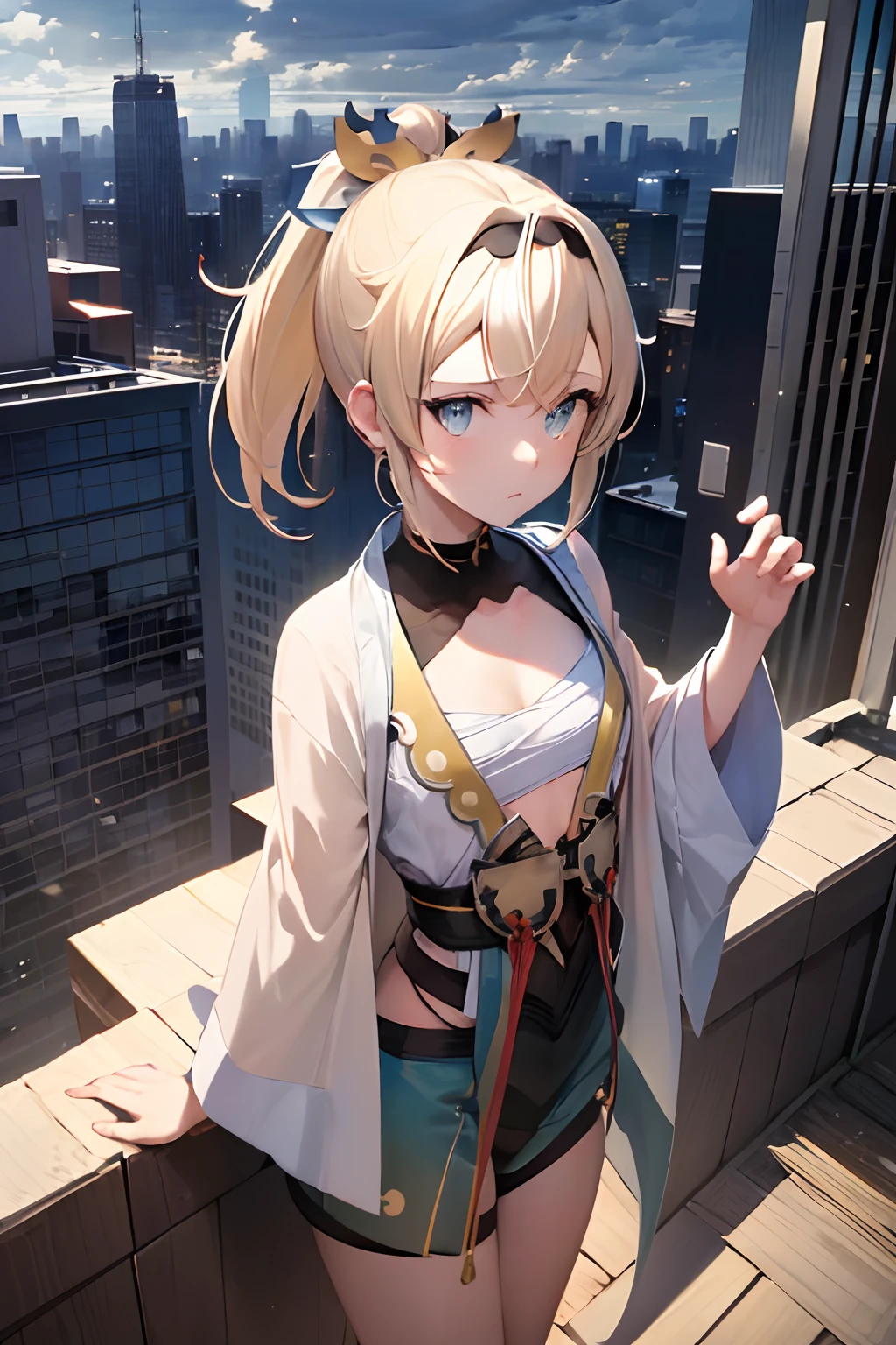 ((Kazama iroha)), ((Masterpiece)), (High Definition:1.3), (Professional Photography:1.2), (ponytail), (flat body), flat chest, (best quality), (from above), 1girl, solo, (very glare), billboard, silky long hair, building, city, cloudy sky, crane \(machine\), dutch angle, (exposed chest), light frown, looking at viewer, outdoors, rooftop, sky, (skyscraper)