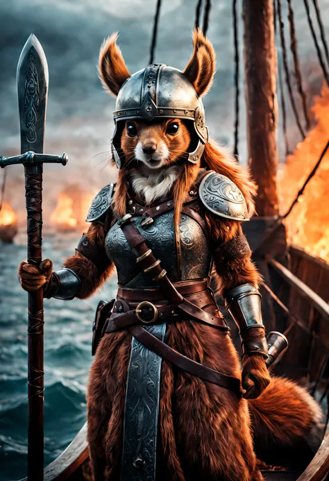 epic  closeup of an angry anthro female  squirrel, fluffy full body fur  wearing viking  helmet and outfit, standing a on a viki...