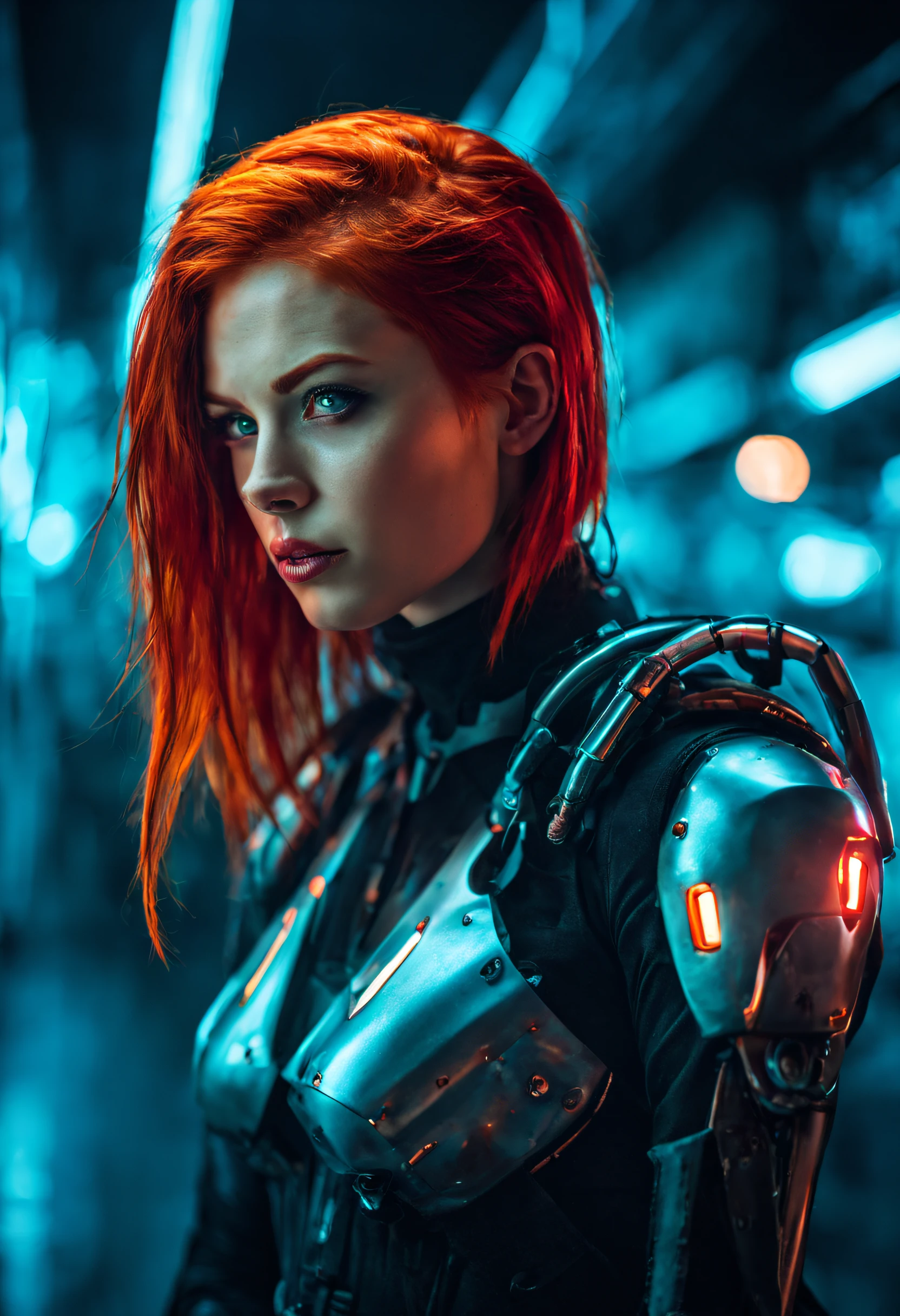 A Photograph capturing the essence of a young cyborg woman with fiery red hair. Her face fills the frame, bathed in neon hues, exuding determination and mystery amidst a futuristic backdrop., undefined