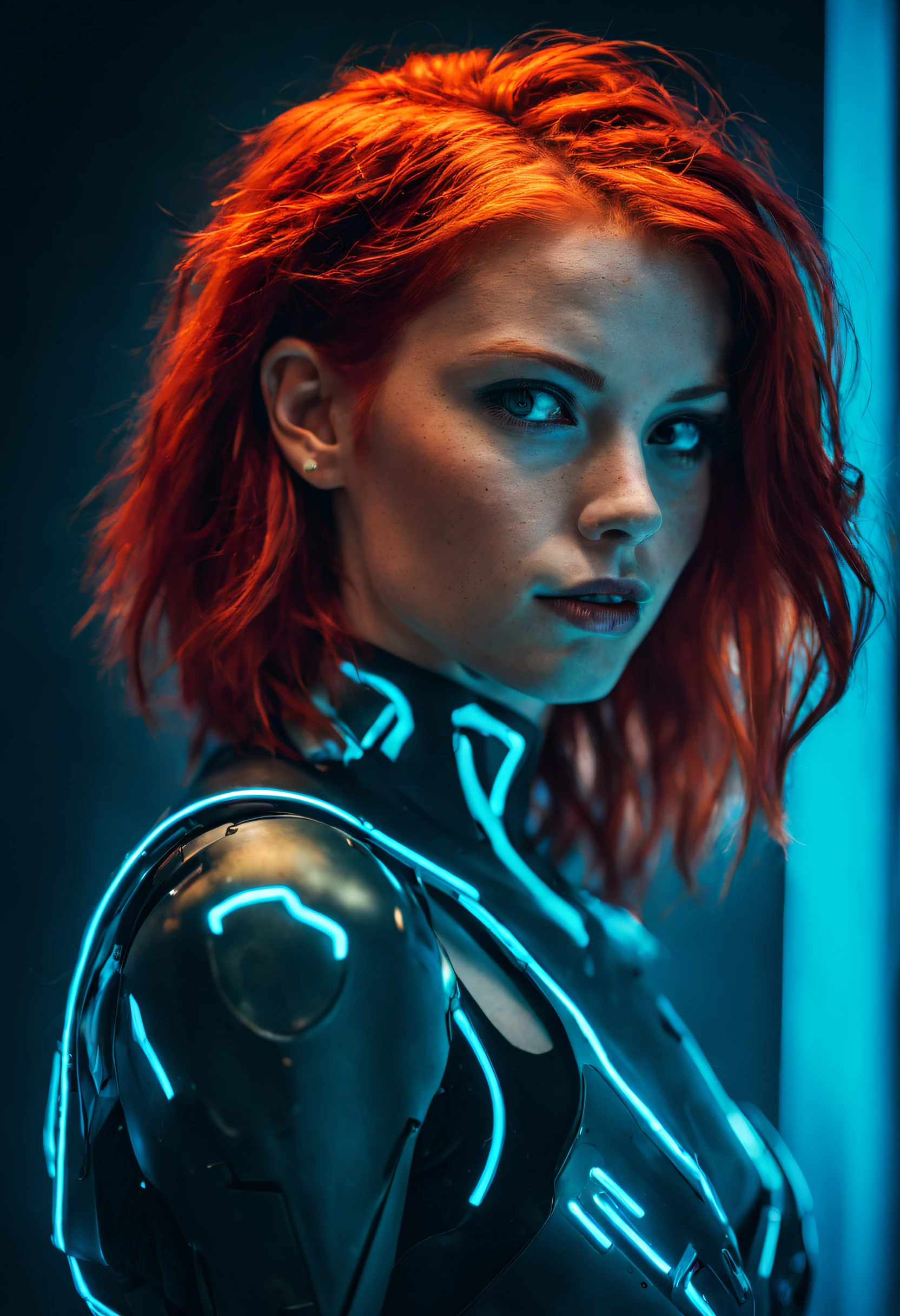 Фотография, передающая сущность молодой женщины-киборга с огненно-рыжими волосами.. Ее лицо заполняет кадр, залитый неоновыми оттенками, источающий решимость и загадочность на футуристическом фоне., неопределенный