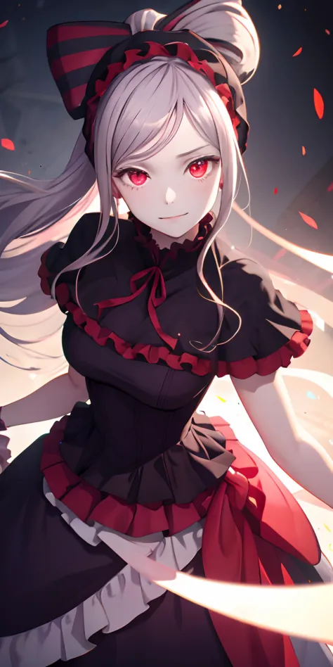 , best quality, ShalltearV4, 1girl, solo, dress, frills, bow, hair bow, fang, slight smile, pale skin, glowing, glowing eyes, po...
