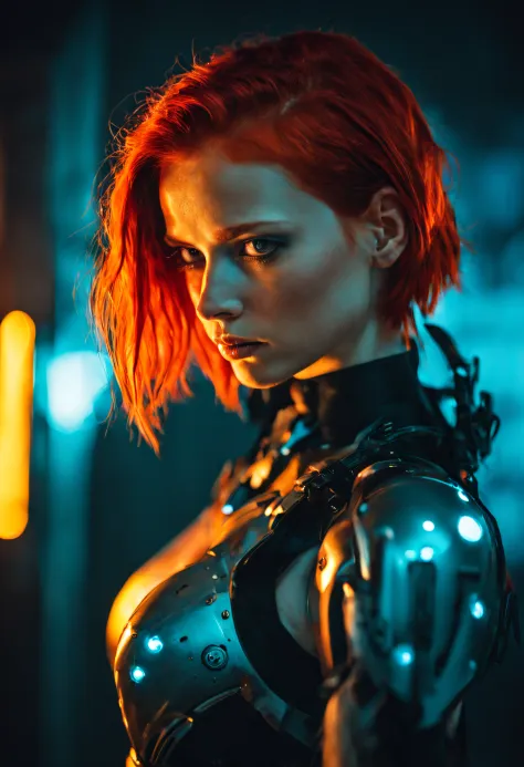 a photograph capturing the essence of a young cyborg woman with fiery red hair. her face fills the frame, bathed in neon hues, e...