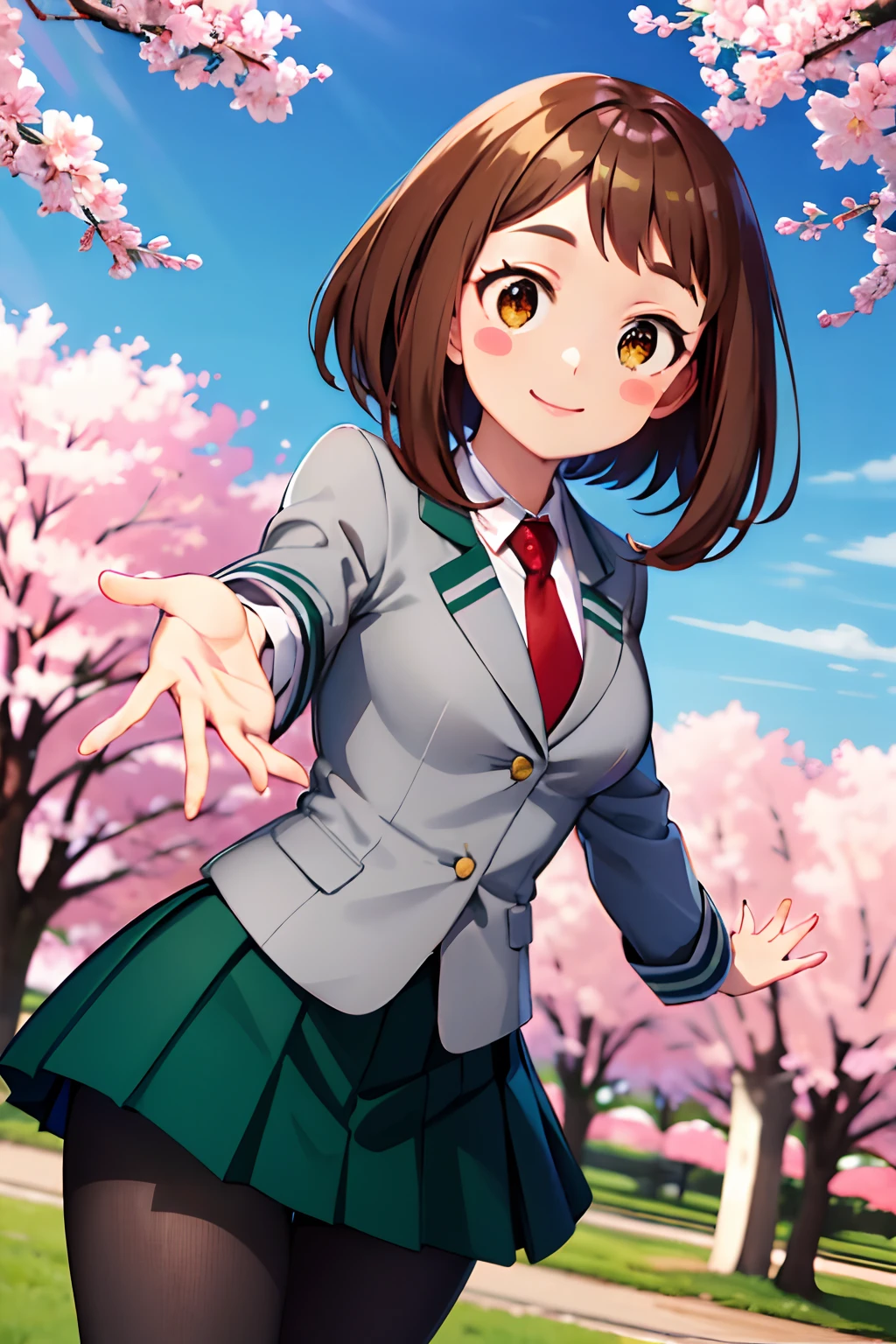 masterpiece, best quality, highres, hmochako, blush stickers, short hair, medium breasts. school uniform, green skirt, pleated skirt, red necktie, black pantyhose, white shirt, long sleeves, grey jacket, reaching out, smile, cherry blossoms, outdoors, cowboy shot,