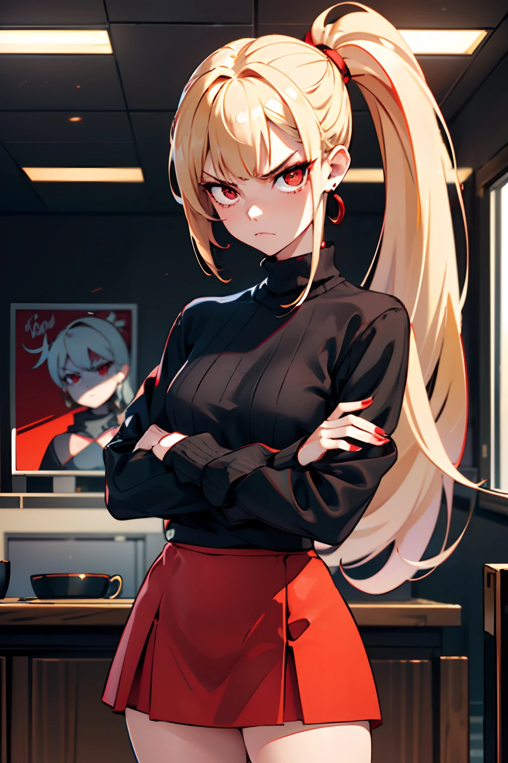 (best-quality:0.8), (best-quality:0.8), 1girl, very pale skin, sandy blonde hair, ponytail, bangs, black earrings, red nails, red eyes, red eye shadow, feminine, petite, black sweater, indoors, red skirt, facing viewer, looking at viewer, threatening, arms crossed, annoyed, closeup