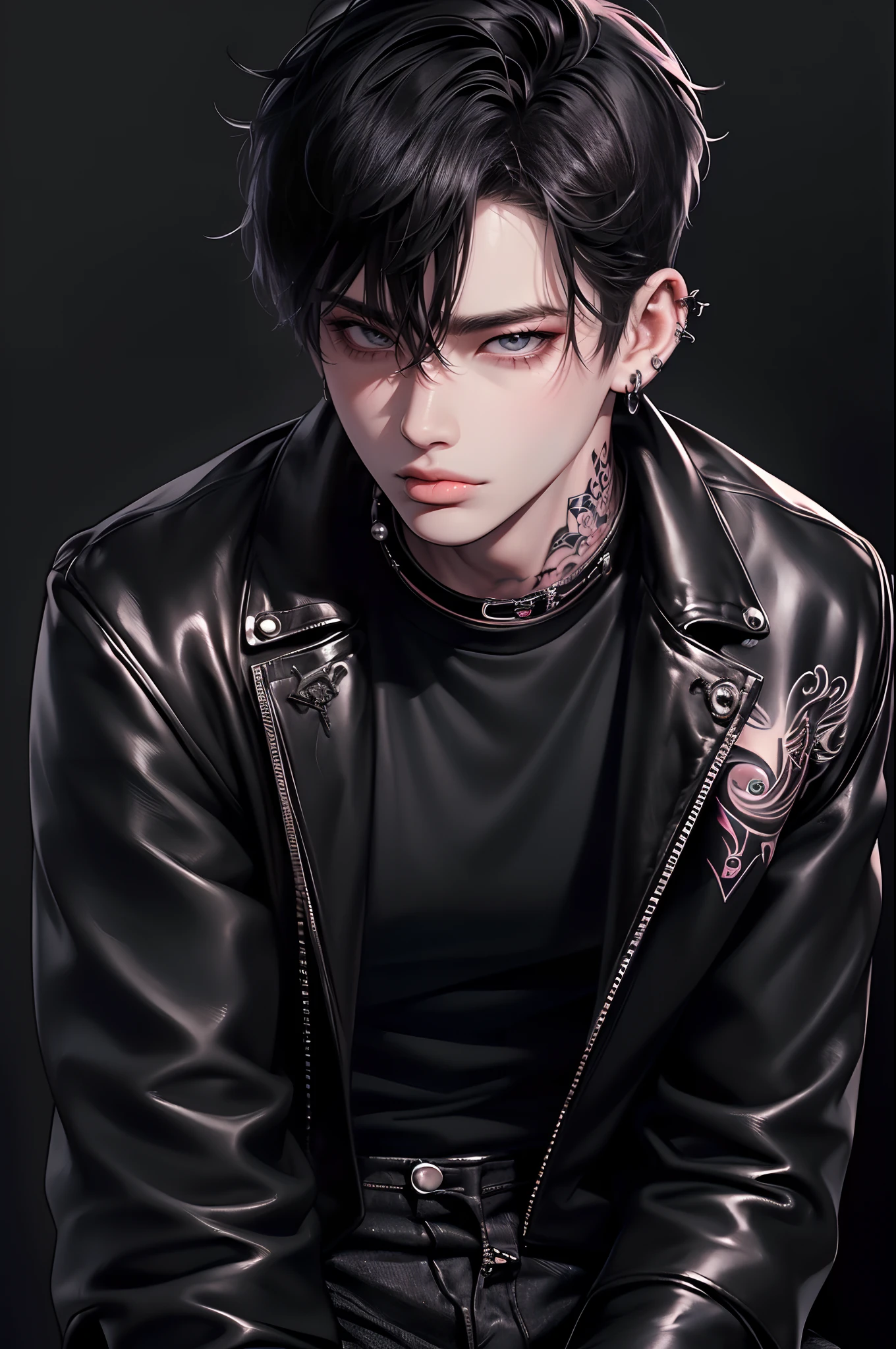 (4K works))、​masterpiece、(top-quality)、((Black cityscape background))、Korean Male、Adult male、((Adult 50 years old))、((Adult uncle type))、((Leather Jeans Style))、((Face similar to Hyunjin))、Cool Men、tall、((Wild features))、((Wild look))、((angry expressions))、((Long sleeve long trouser style))、((Smaller face))、Slim body、(((short-haired)))、((Shot alone))、((Solo Photography))、Professional Photos、((He is in front of the viewer))、((Upper body photography))、((Wear a lot of piercings))、((Piercing on the lips))、((Tongue piercing))、((Sick Boys))、((Mine Boys))、((Lots of tattooine photo))、((sassy pose))