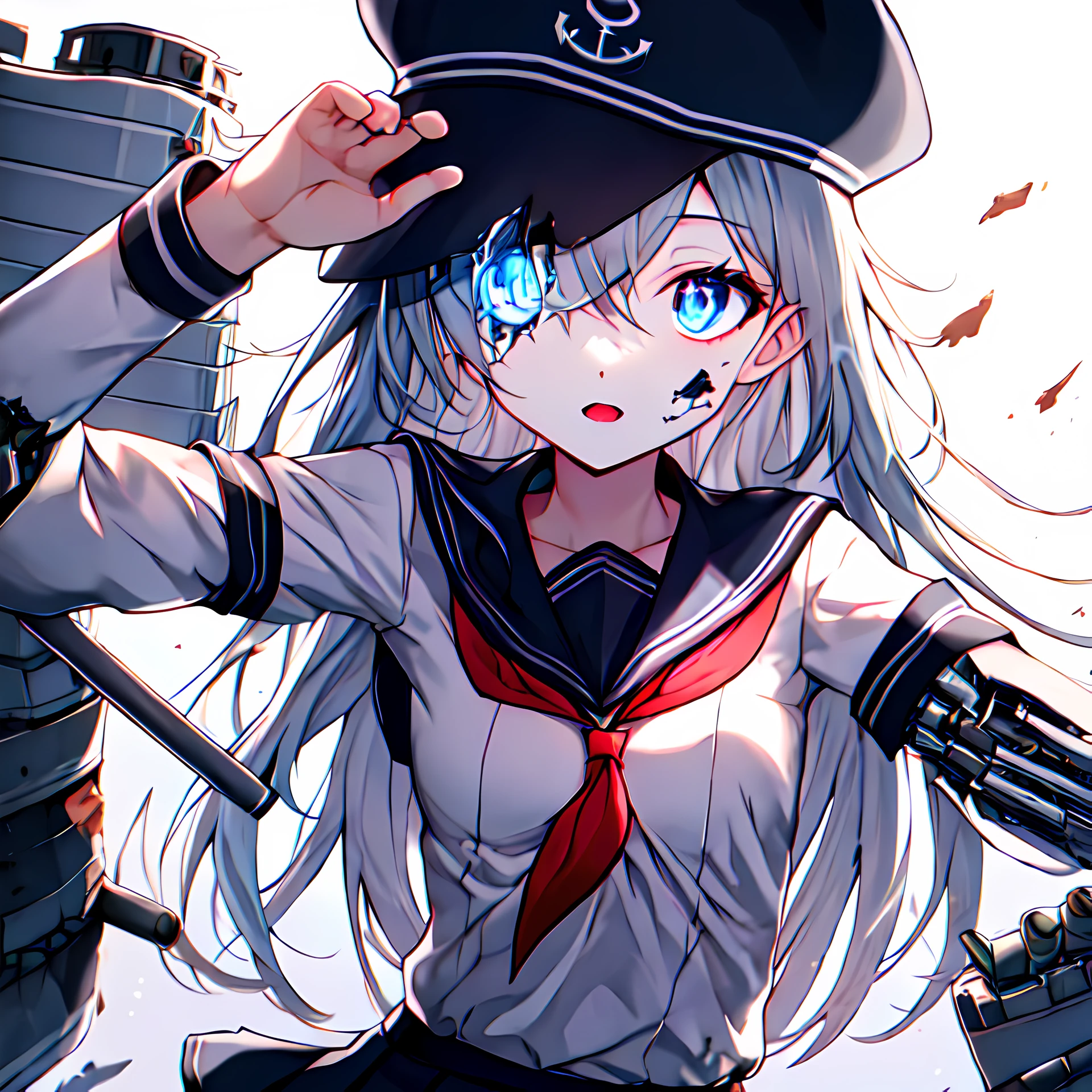 gynoid,inner workings,damaged,damaged skin,damaged face,exposed eye socket,mechabare, futubot, futuristic, extremely slender girl, very thin waist, medium breast, cute girl, thin girl, bright eyes, glowing eyes, shiny eyes, 
hibiki\(kancolle\), sailor uniform, sailor hat