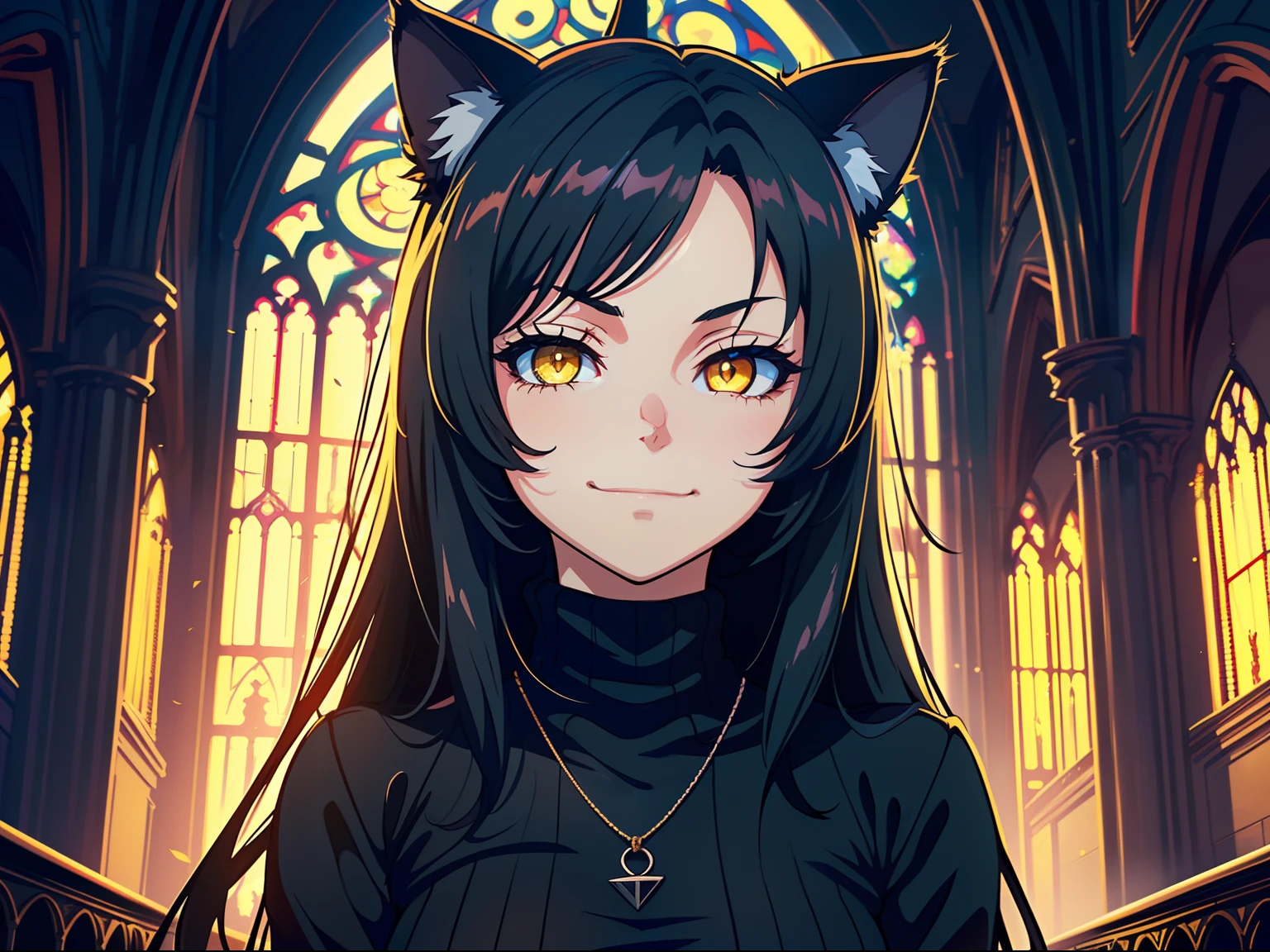 (1 girl), (best quality, 4k, 8k, high-res, ultra-detailed, anime style, muffled light), ((long black hair, cat ears, yellow eyes, smug eyes, slightly smiling, looking at viewer)), (gothic cathedral interior), dusk, (collar, black turtleneck), closeup, portrait