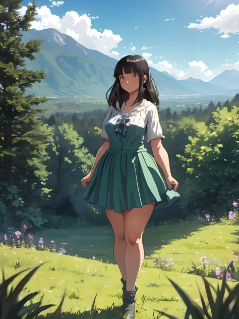 In a green meadow stands a girl leading a group of knights.
BREAK
With a brave expression, she guides them towards their destination.
BREAK
Behind her, a green forest stretches out and beyond that, mountains rise in the distance.
BREAK
The most suitable ef...