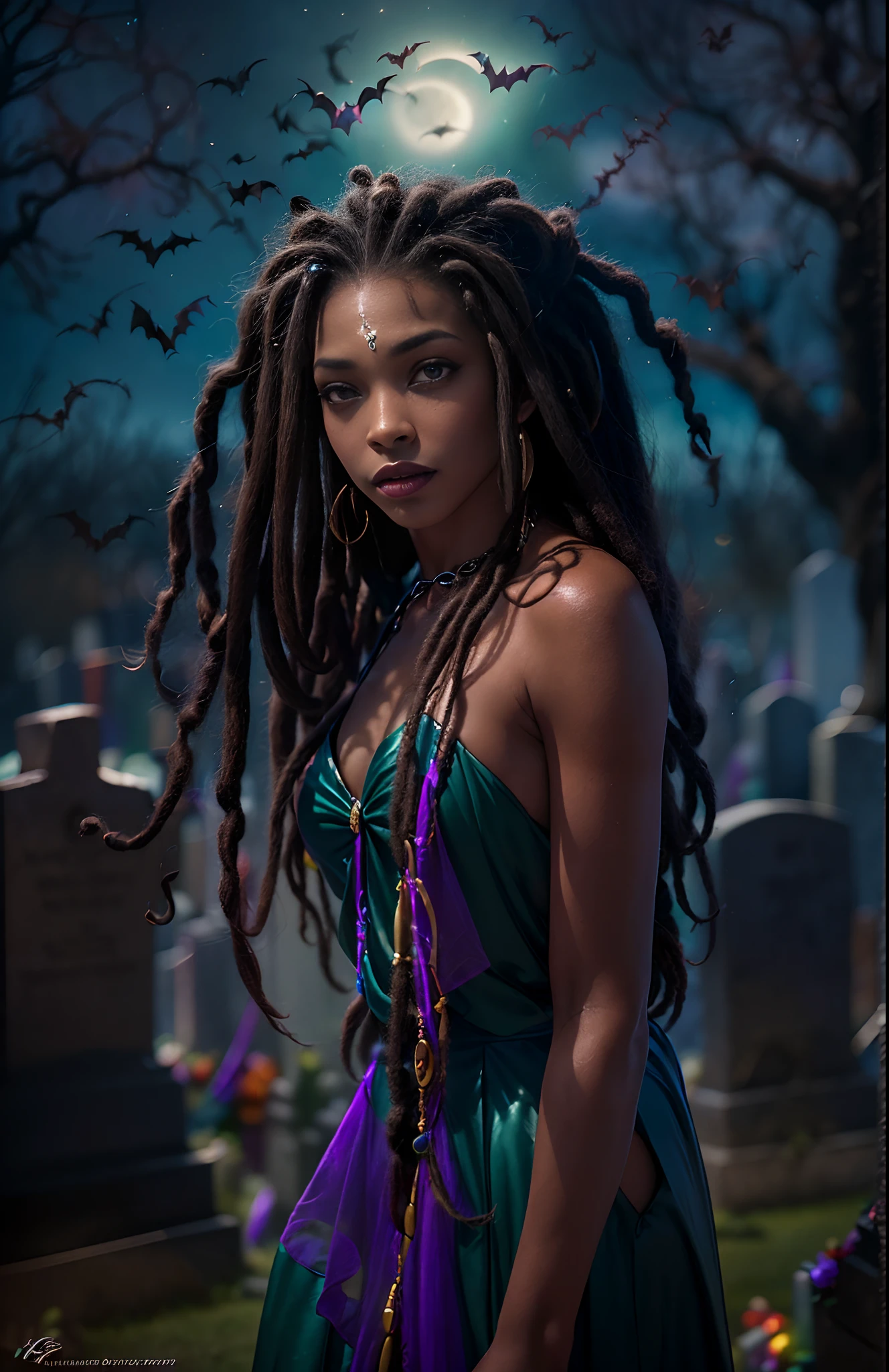 A woman with dreadlocks standing in a cemetery at night - SeaArt AI