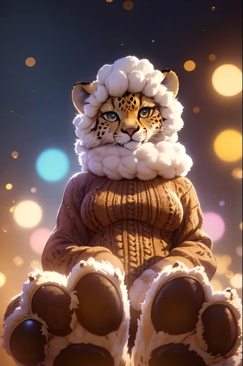 closeup of an anthro furry cheetah female wearing a wool sweater, paws, paw pads towards viewer, high quality photography, 3 poi...